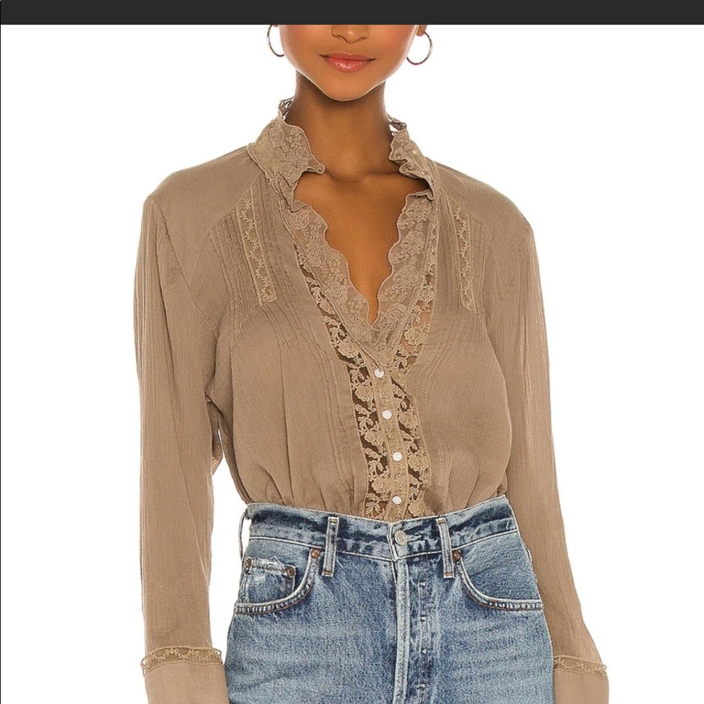 Free People Clemence Buttondown, medium, brown, lace